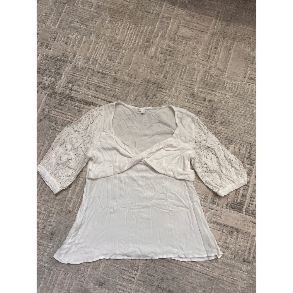 Lace Sleeve Blouse Top White Knot Front Square Neck Summer‎ Women's